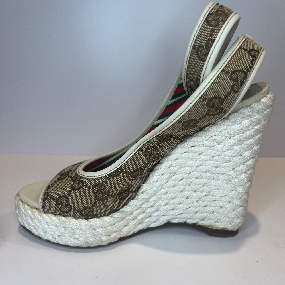 Gucci Beige/White GG Canvas Ankle Strap Wedge Sandals - Picture 9 of 12